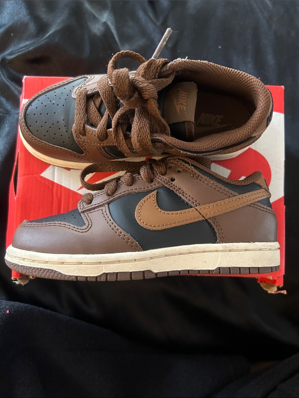 Nike Dunks Kids Brown and Black Low-Top Sneakers with Tan Swoosh